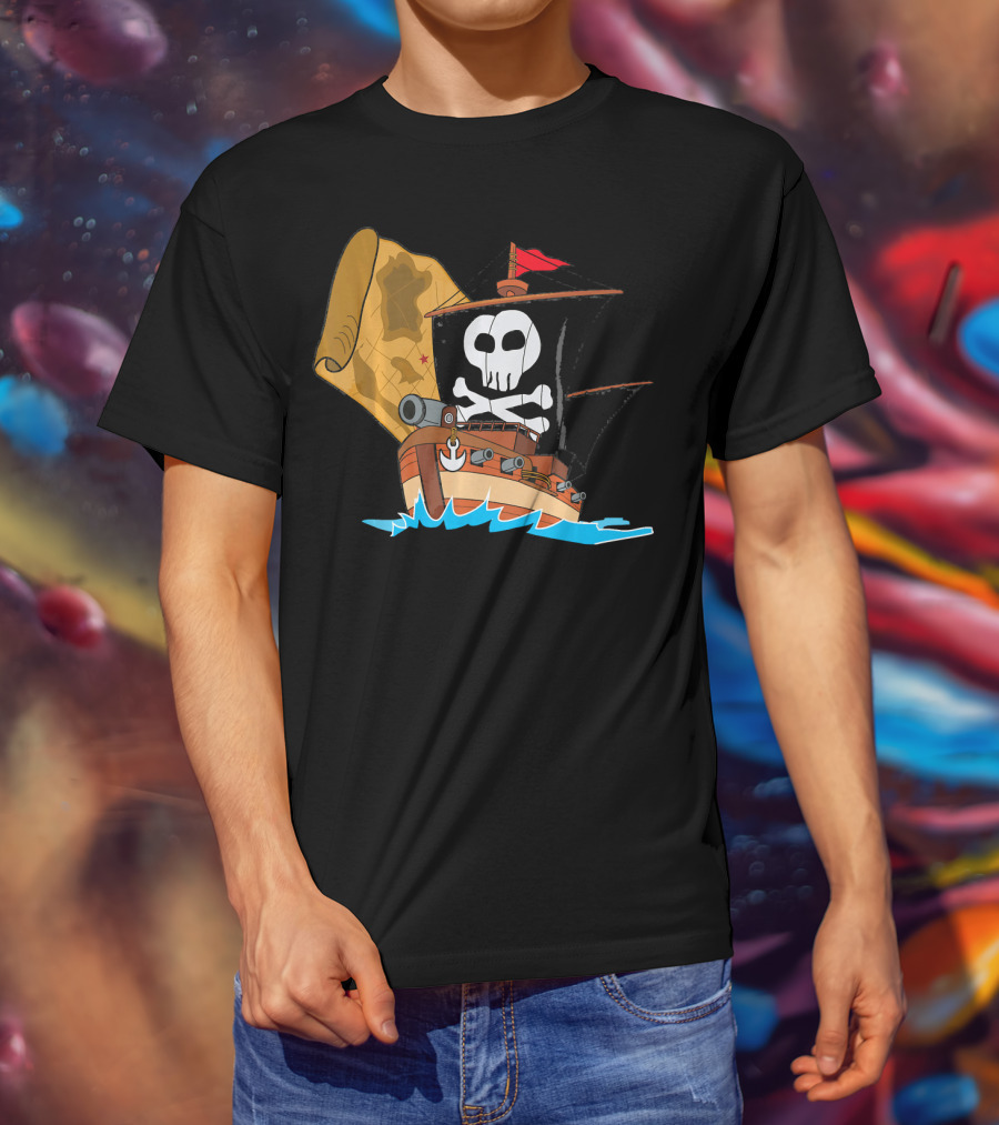 Pirate Ship With Jolly Roger And Treasure Map T-Shirt
