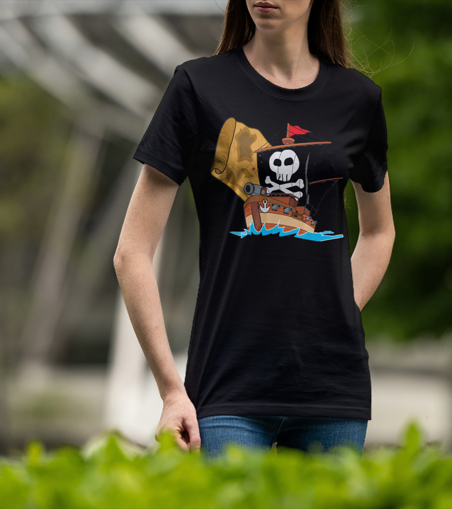 Pirate Ship With Jolly Roger And Treasure Map T-Shirt