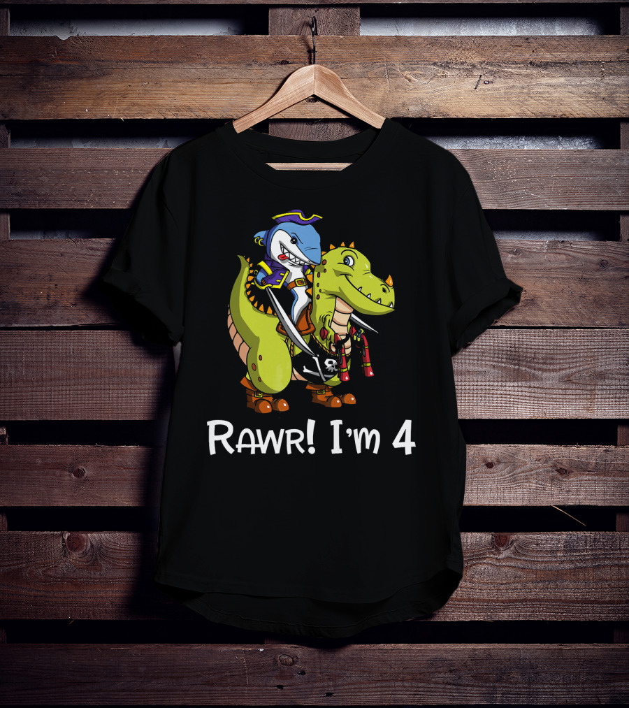 Rawr Dinosaur Shark Pirate Birthday Party I'm 4 T-Shirt