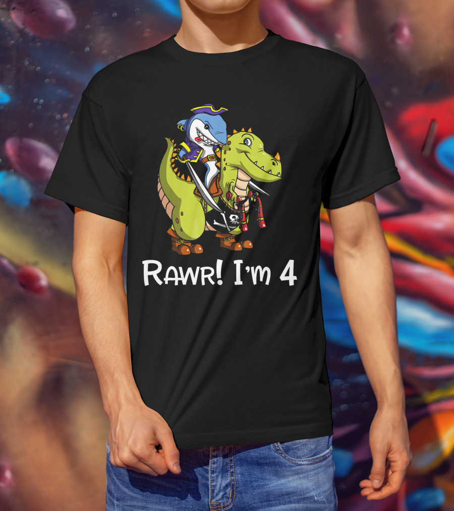 Rawr Dinosaur Shark Pirate Birthday Party I'm 4 T-Shirt