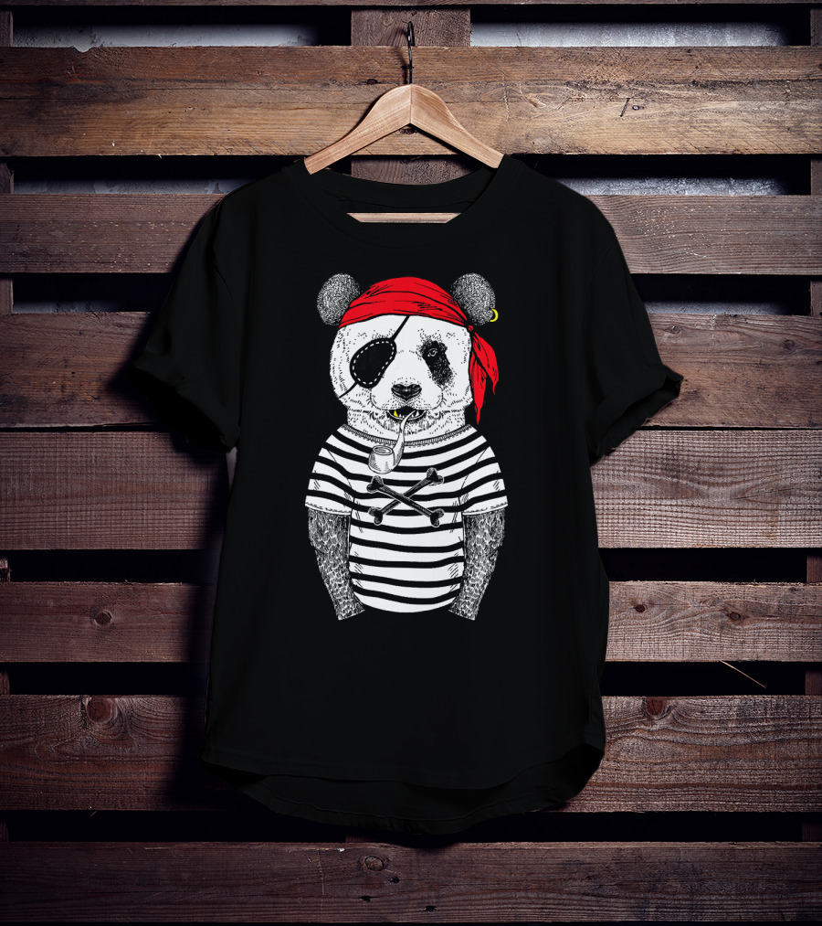 Panda Bear Pirate Wearing Striped Shirt With Red Bandana And Eye Patch T-Shirt