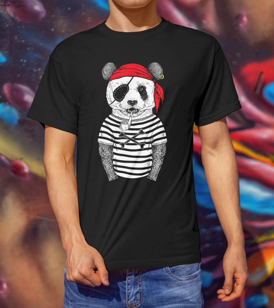 Panda Bear Pirate Wearing Striped Shirt With Red Bandana And Eye Patch T-Shirt