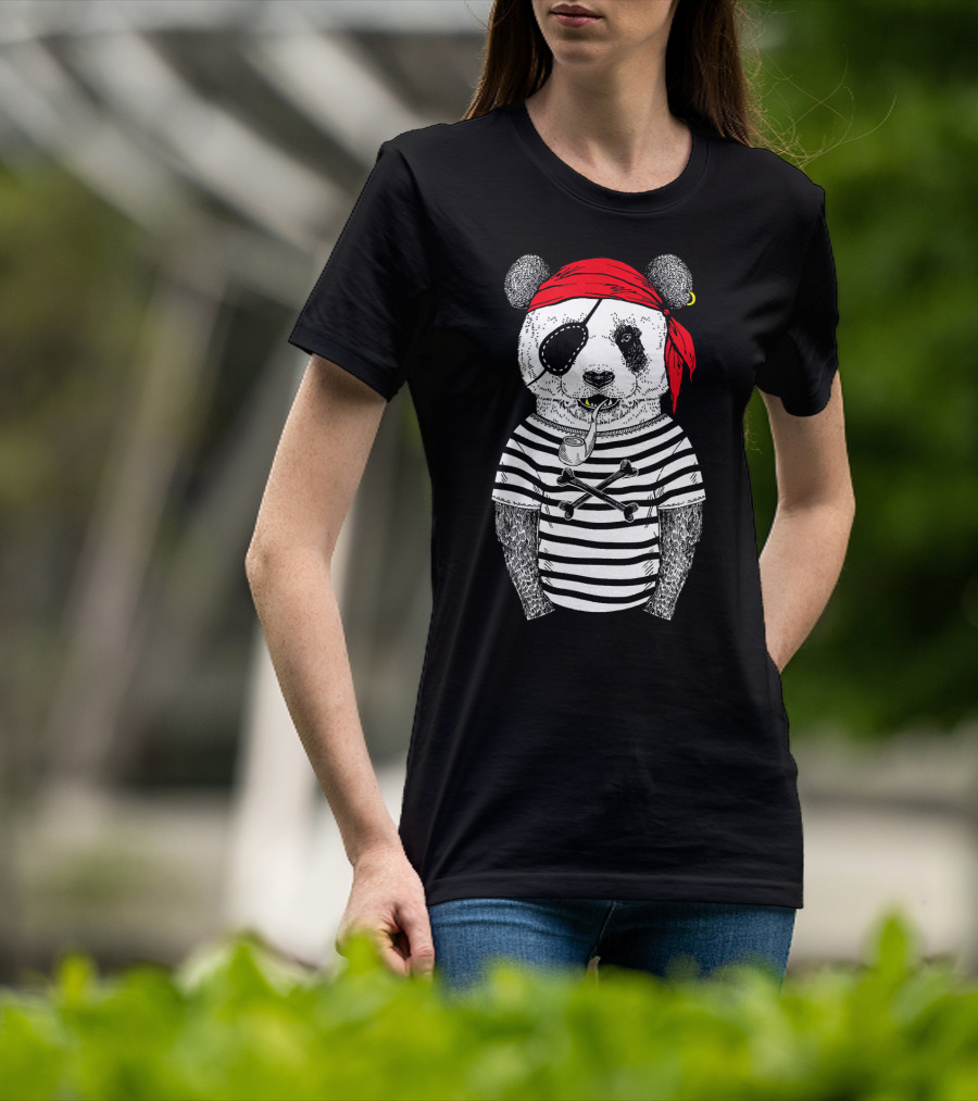 Panda Bear Pirate Wearing Striped Shirt With Red Bandana And Eye Patch T-Shirt