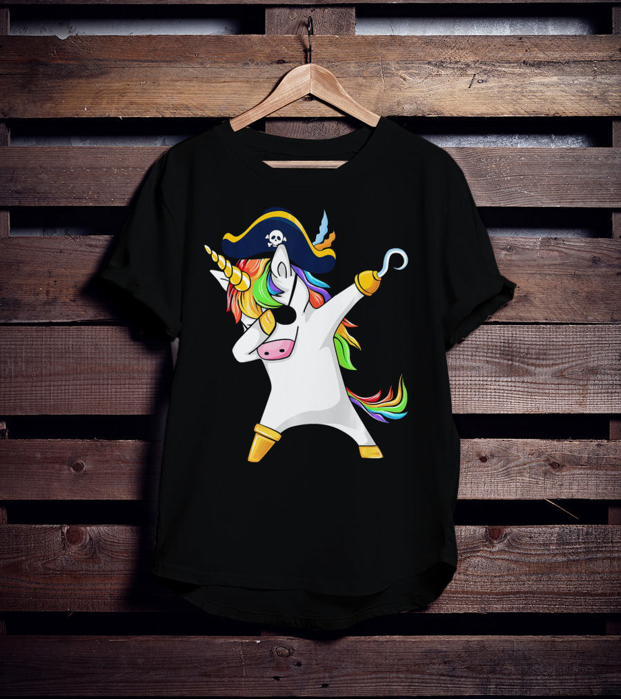 Funny Dabbing Unicorn Pirate With Rainbow Hair And Skull Hat T-Shirt