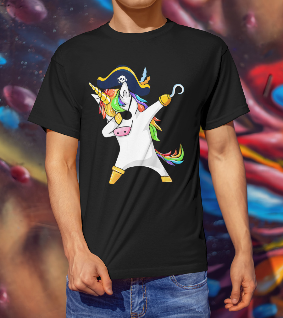 Funny Dabbing Unicorn Pirate With Rainbow Hair And Skull Hat T-Shirt