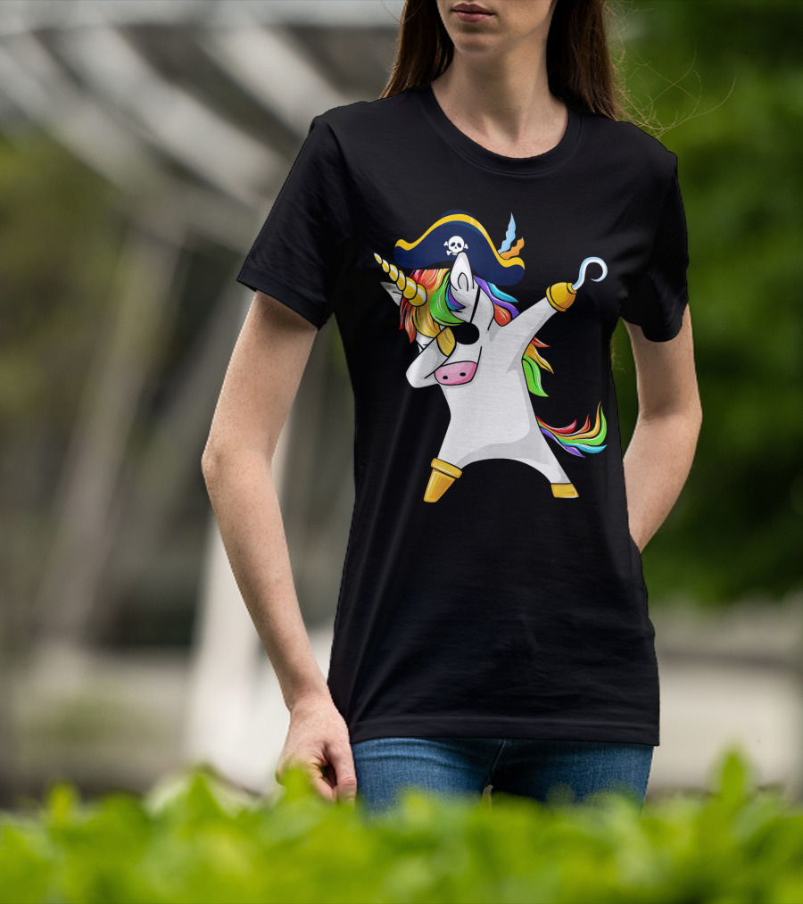 Funny Dabbing Unicorn Pirate With Rainbow Hair And Skull Hat T-Shirt