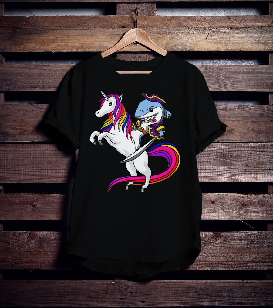 Shark Pirate Riding Rainbow Unicorn Magical Adventure T-Shirt
