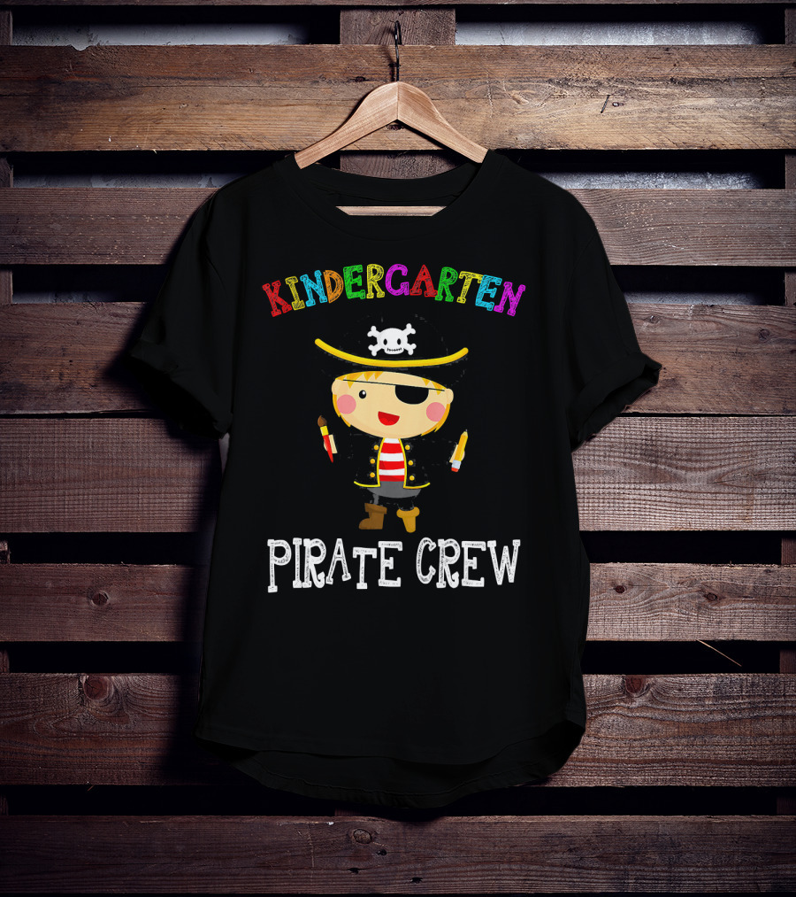 Kindergarten Pirate Crew Sketched Colorful Text With Pirate Boy Holding Crayons T-Shirt