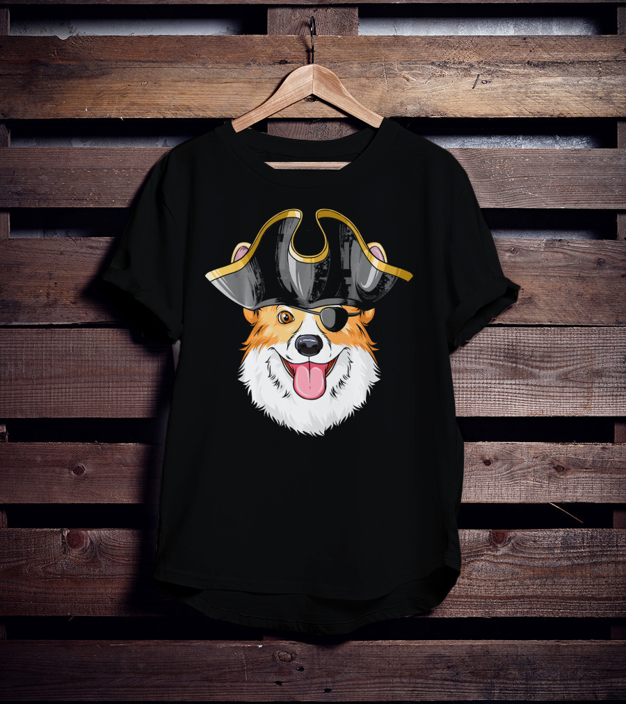 Pirate Corgi Wearing Black Tricorn Hat And Eye Patch T-Shirt