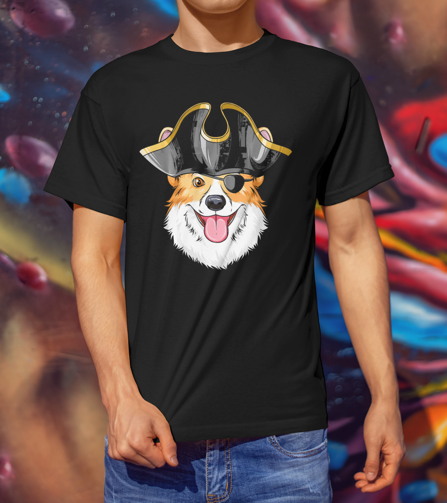Pirate Corgi Wearing Black Tricorn Hat And Eye Patch T-Shirt