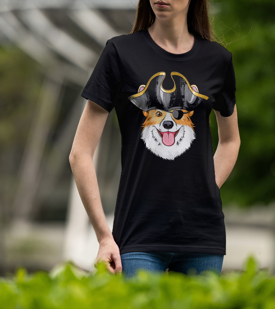 Pirate Corgi Wearing Black Tricorn Hat And Eye Patch T-Shirt