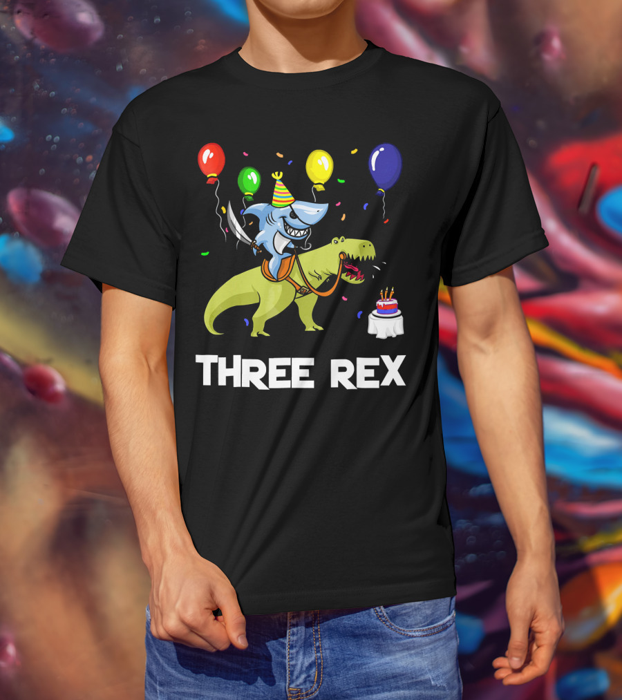 Three Rex Birthday Shark Pirate Riding Dinosaur With Balloons And Cake T-Shirt