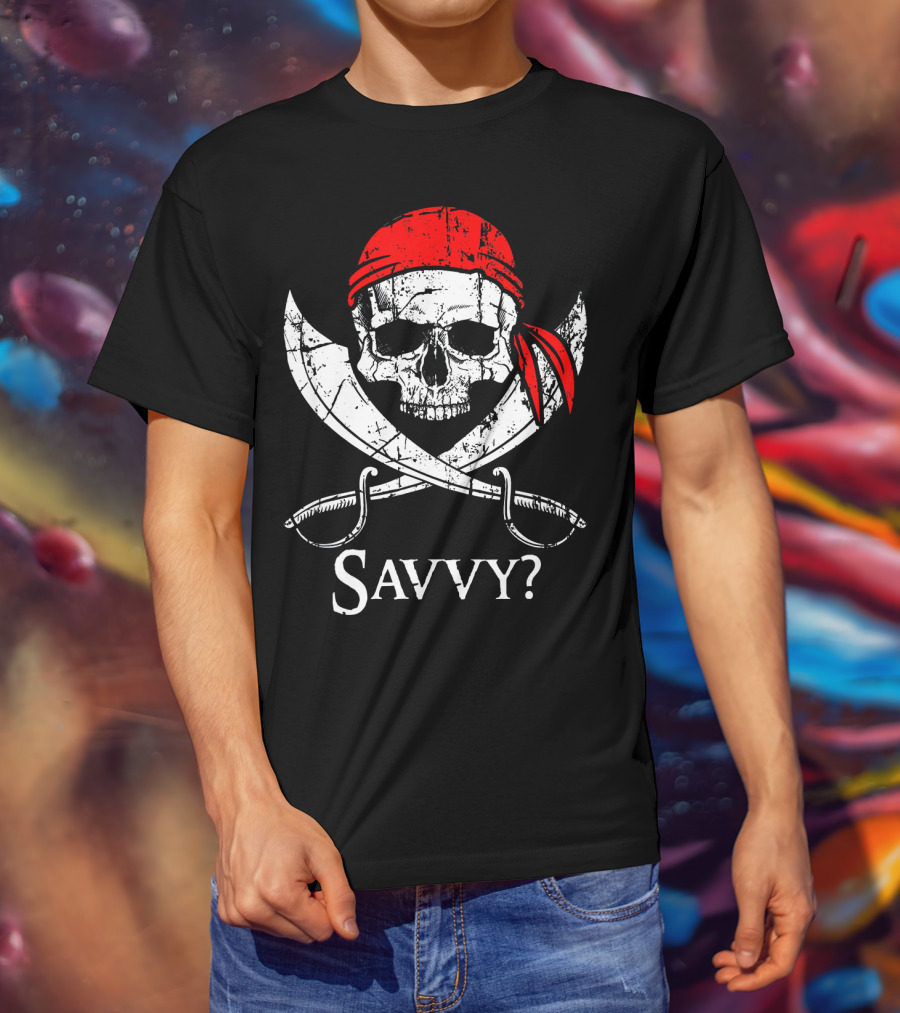 Savvy Pirate Skull And Crossbones With Red Bandana And Swords T-Shirt