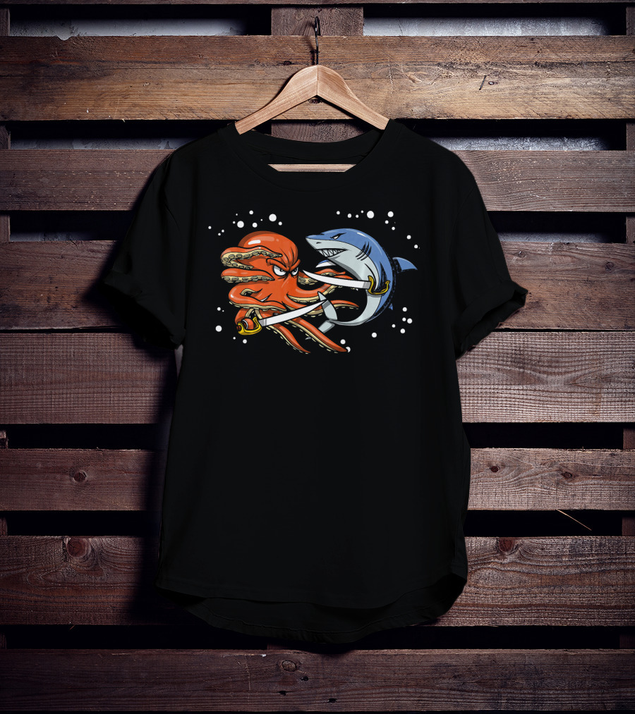 Shark Pirate Vs. Octopus Sailor Captain Sword Battle T-Shirt