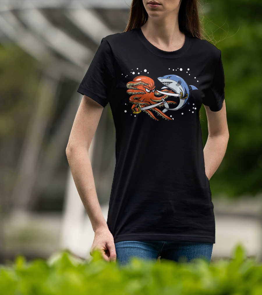 Shark Pirate Vs. Octopus Sailor Captain Sword Battle T-Shirt