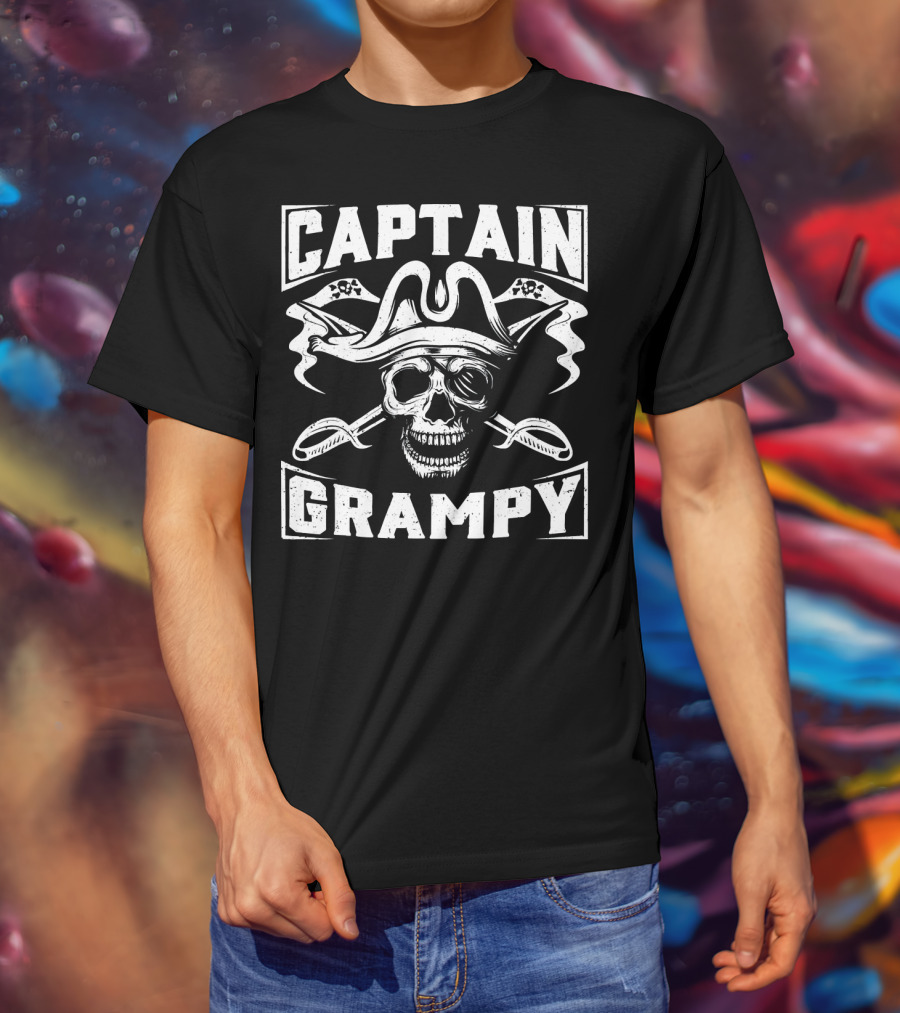 Captain Grampy Pirate Skull And Crossed Swords Motif T-Shirt