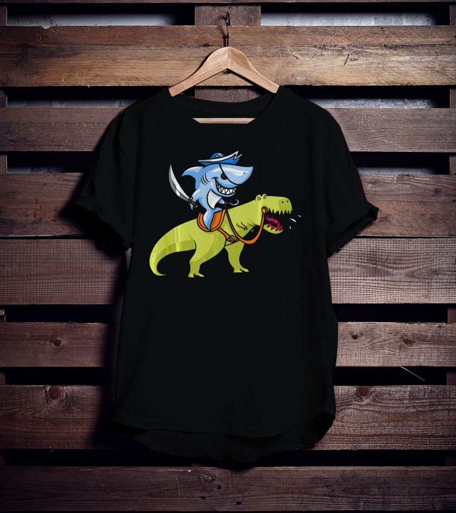 Shark Pirate Riding T-Rex Dinosaur Fun Adventure T-Shirt