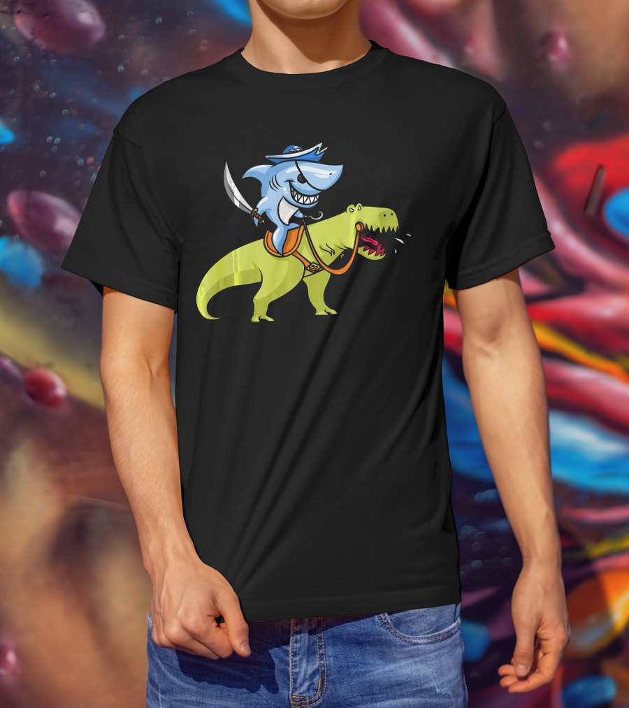 Shark Pirate Riding T-Rex Dinosaur Fun Adventure T-Shirt