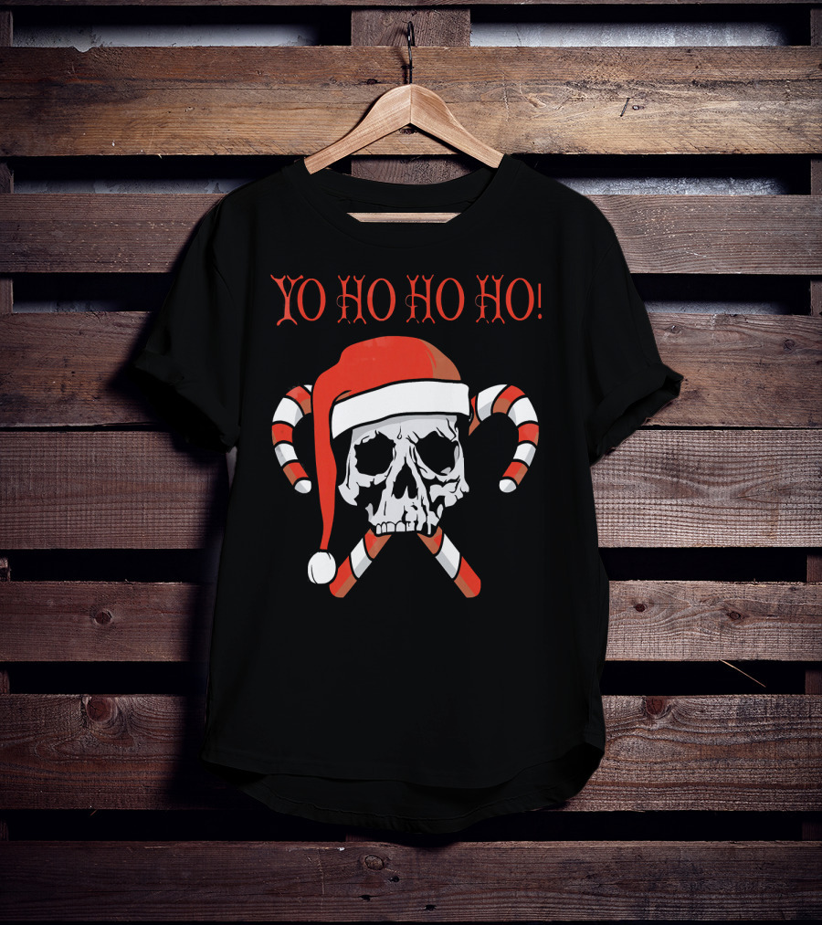Yo Ho Ho Ho Christmas Pirate Santa Skull With Candy Canes T-Shirt