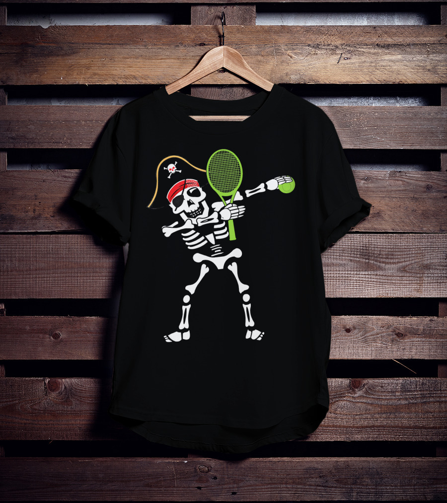 Tennis Dabbing Skeleton With Pirate Hat And Racket T-Shirt