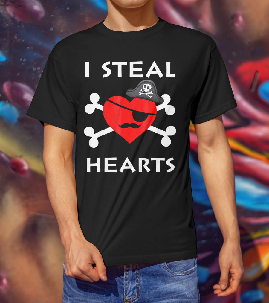 I Steal Hearts Valentine Day Pirate Eyepatch Skull Crossbones T-Shirt