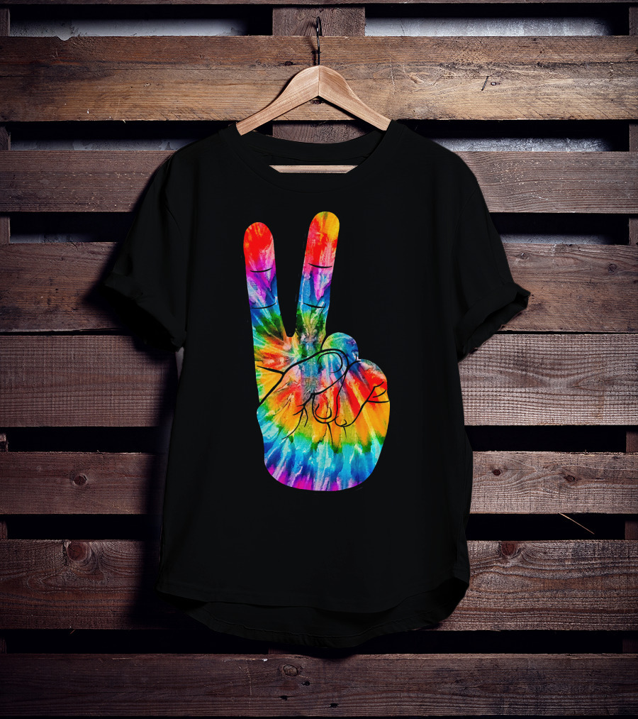 Tie Dye Peace Sign Hand V Victory Love Rainbow T-Shirt