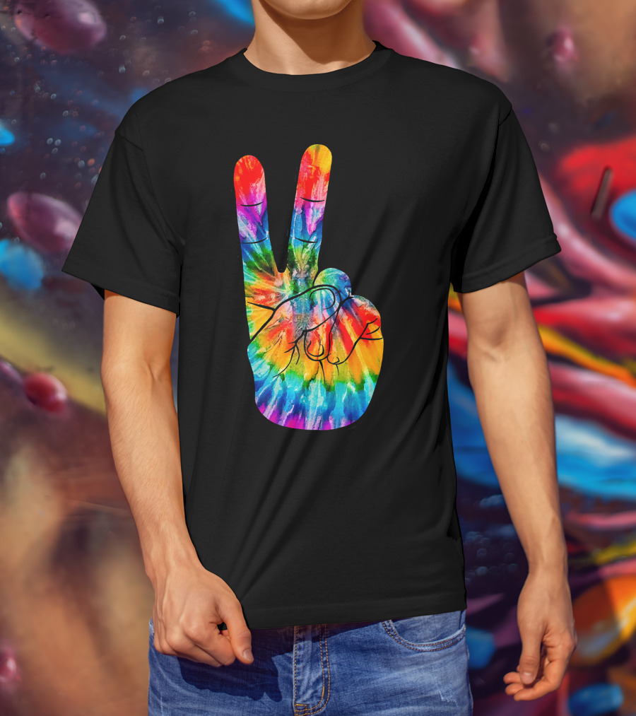 Tie Dye Peace Sign Hand V Victory Love Rainbow T-Shirt