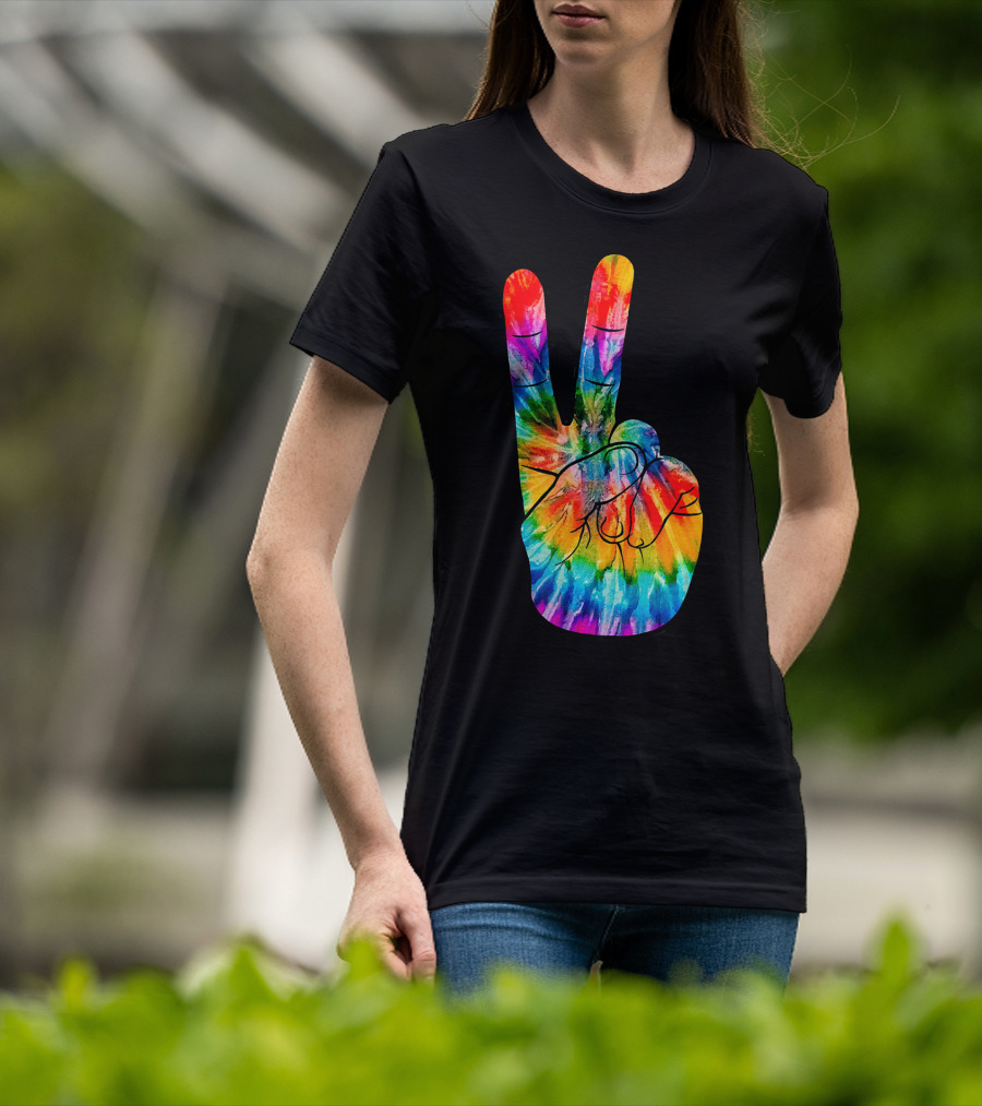 Tie Dye Peace Sign Hand V Victory Love Rainbow T-Shirt