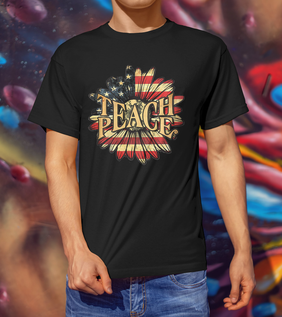 Teach Peace American Flag Flower Blossoms T-Shirt