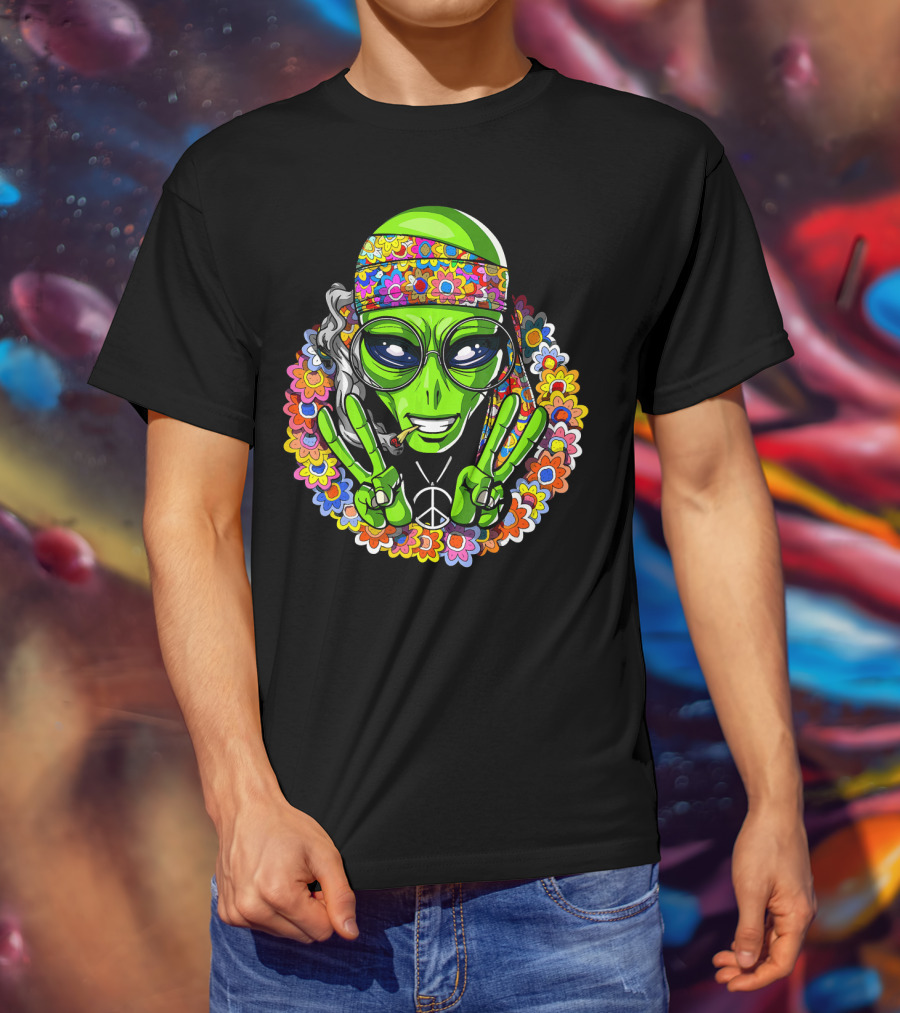 Hippie Alien Peace Sign Psychedelic Flowers Smoking Groovy T-Shirt