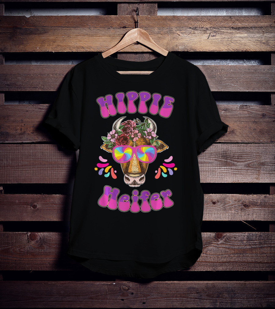 Hippie Heifer Peace Vintage Retro Cow With Floral Crown And Psychedelic Glasses T-Shirt