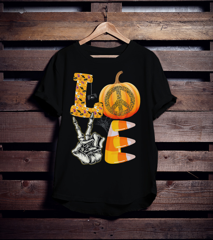 LOVE Halloween Peace Pumpkin Skeleton V Candy Corn T-Shirt