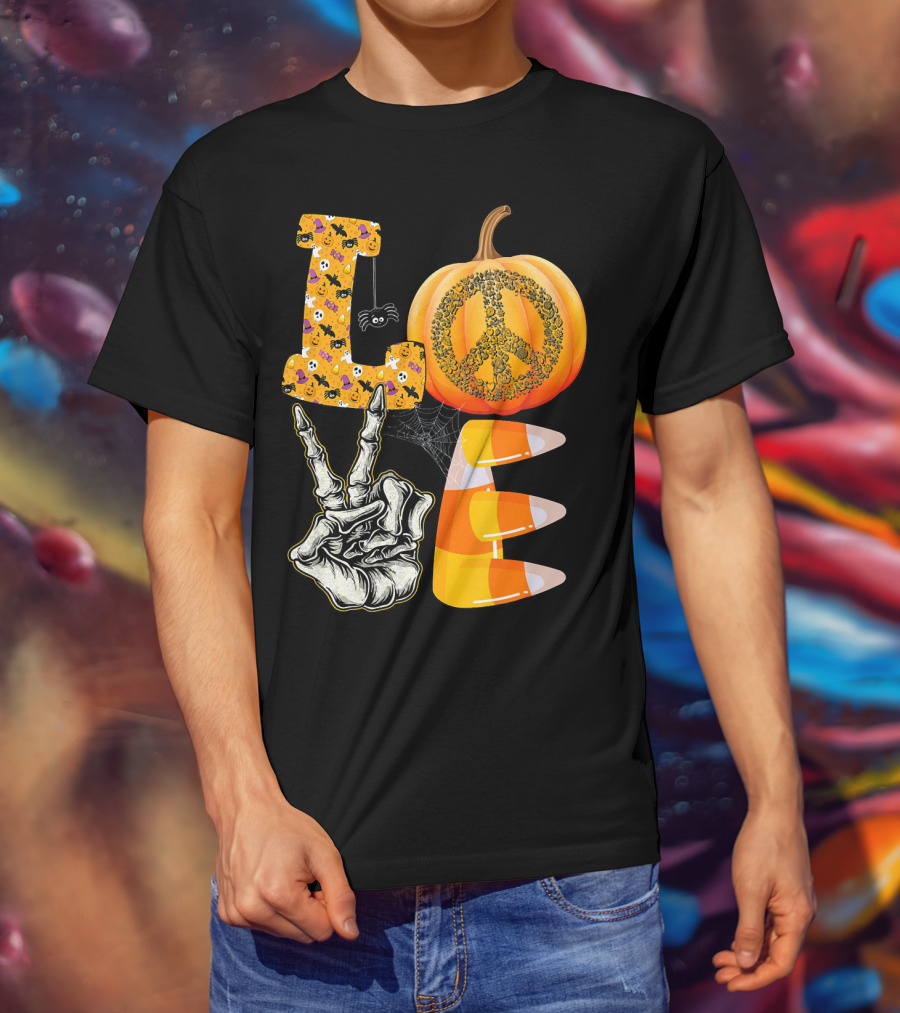 LOVE Halloween Peace Pumpkin Skeleton V Candy Corn T-Shirt