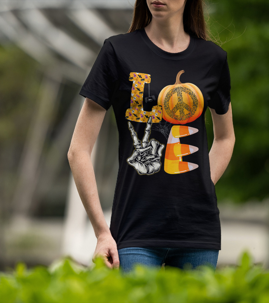 LOVE Halloween Peace Pumpkin Skeleton V Candy Corn T-Shirt
