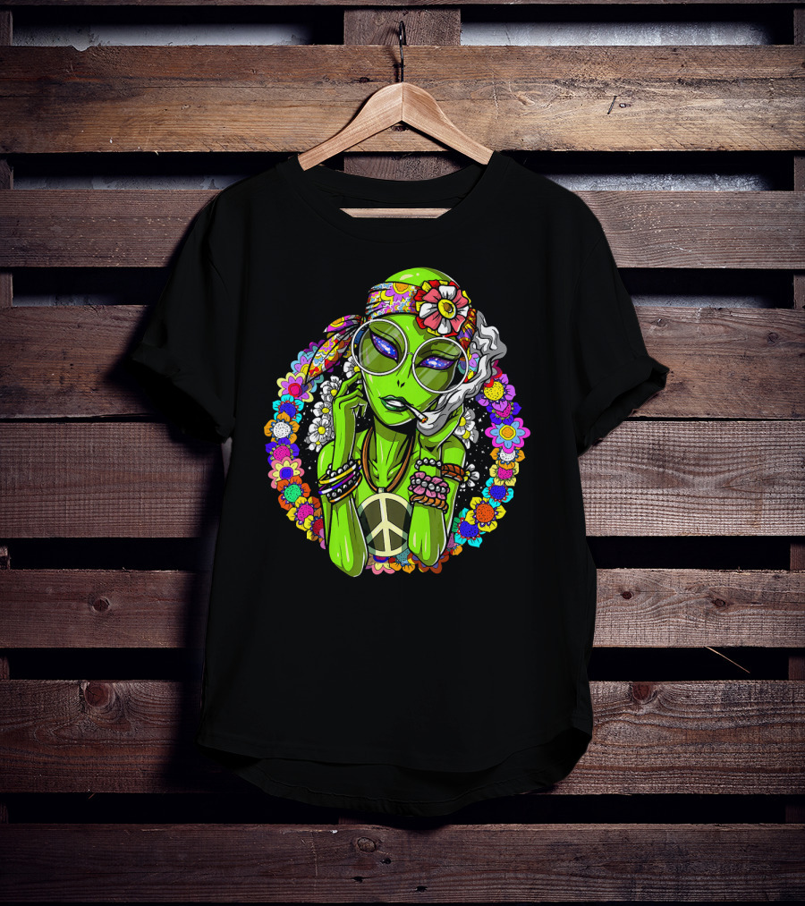Psychedelic Hippie Alien Smoking With Peace Symbol Surrounded By Vibrant Flowers T-Shirt