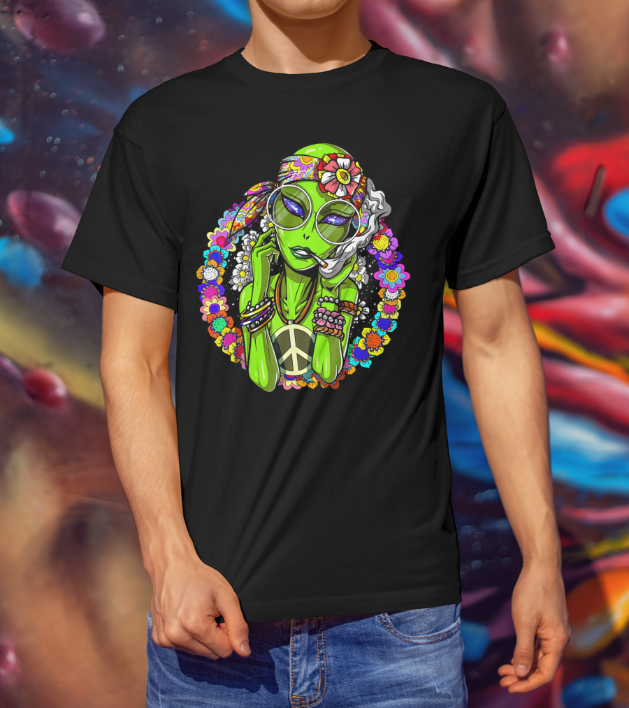 Psychedelic Hippie Alien Smoking With Peace Symbol Surrounded By Vibrant Flowers T-Shirt