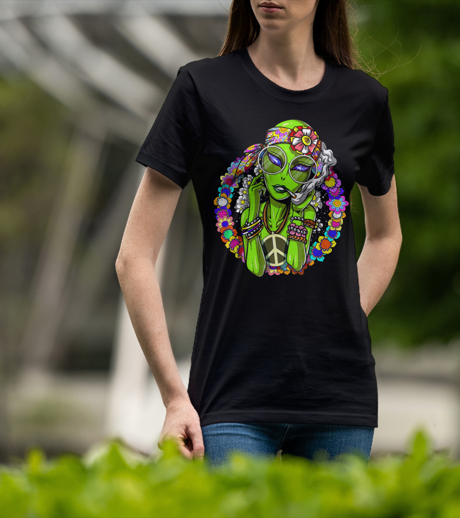 Psychedelic Hippie Alien Smoking With Peace Symbol Surrounded By Vibrant Flowers T-Shirt