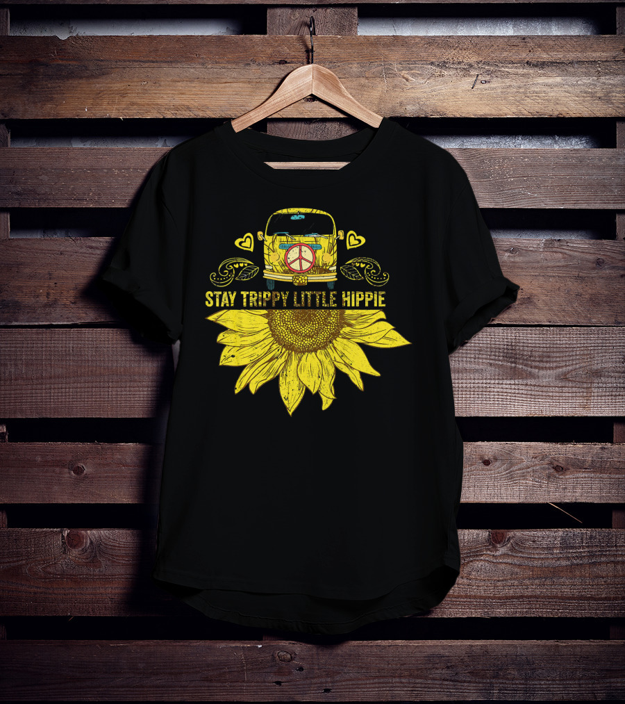 Stay Trippy Little Hippie Peace Sign Bus With Sunflower And Hearts T-Shirt