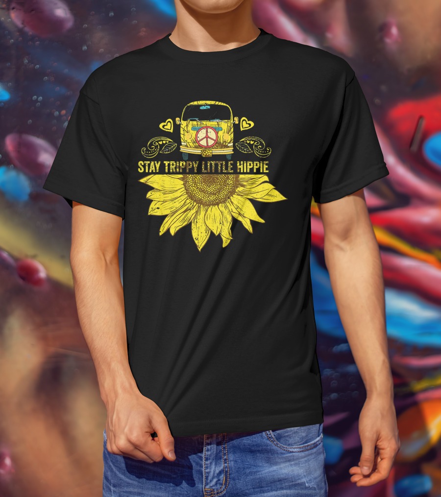 Stay Trippy Little Hippie Peace Sign Bus With Sunflower And Hearts T-Shirt