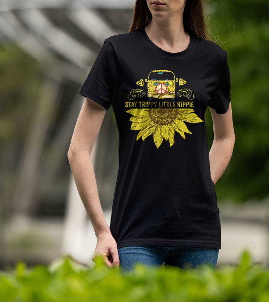 Stay Trippy Little Hippie Peace Sign Bus With Sunflower And Hearts T-Shirt