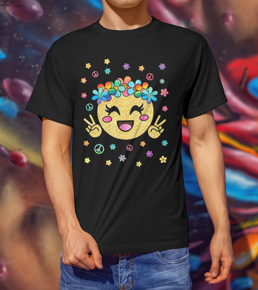 Emoji Kawaii Glitter Peace Rainbow Flower Crown T-Shirt