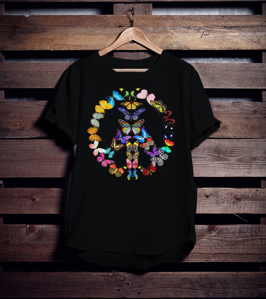 Peace Sign Butterflies 1960s Vibes Rainbow Colors T-Shirt