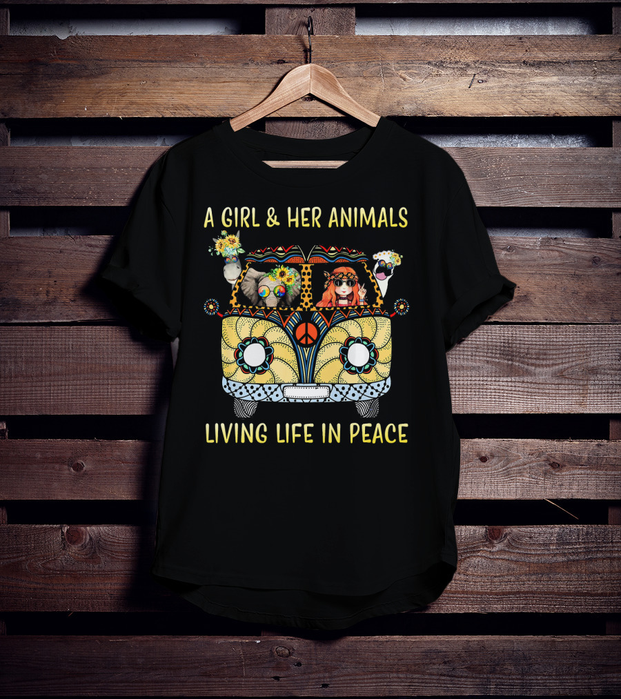 A Girl And Her Animals In A Hippie Van Living Life In Peace T-Shirt
