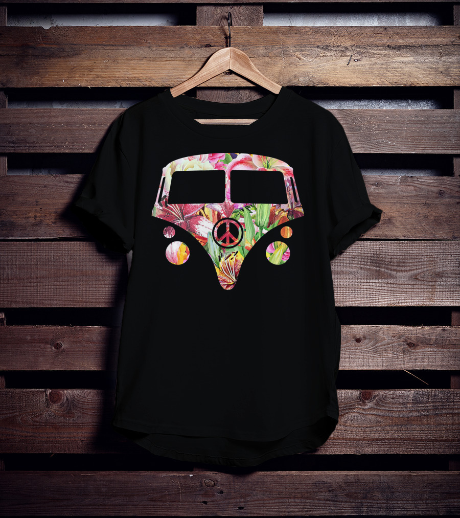 Peace Sign Floral Hippy Camper Van With Colorful Flower T-Shirt