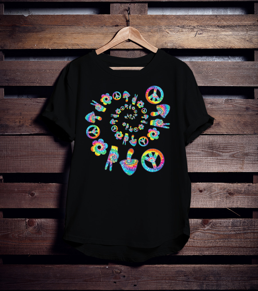 Trippy Peace Sign Tie-Dye Spiral With Colorful Hippie Mushroom And Flower Symbols T-Shirt