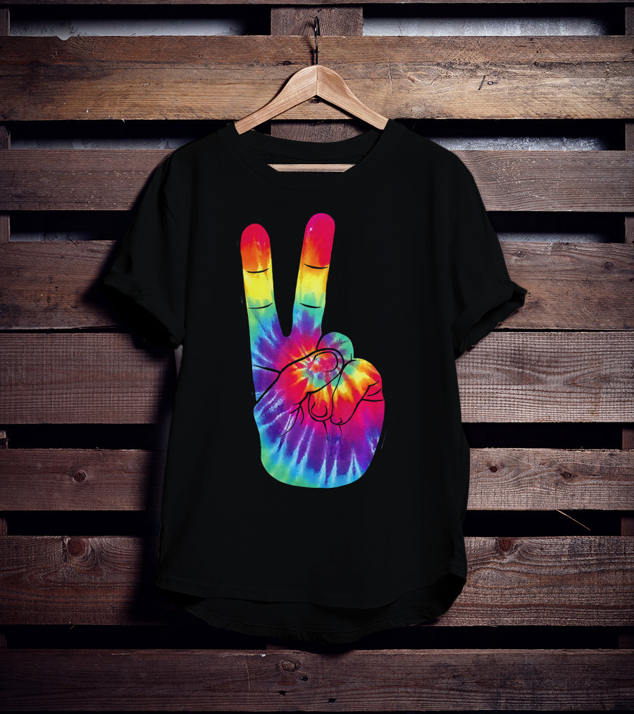 Tie Dye Peace Sign Hand Gesture Rainbow Victory T-Shirt