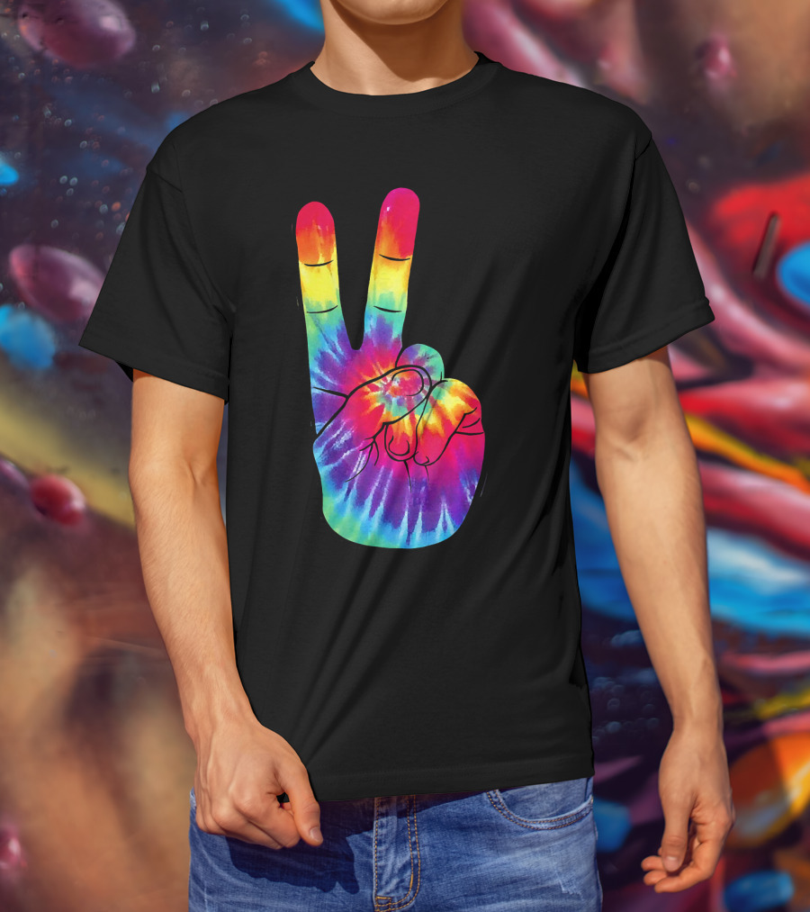 Tie Dye Peace Sign Hand Gesture Rainbow Victory T-Shirt
