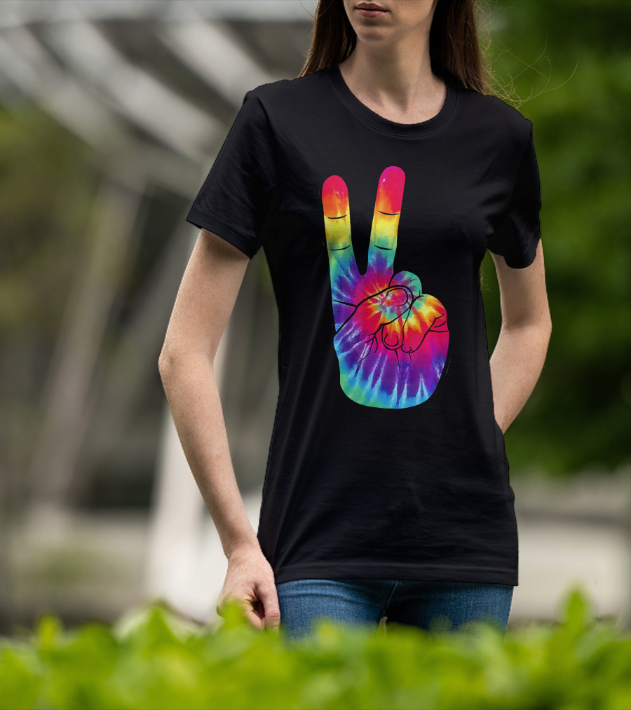 Tie Dye Peace Sign Hand Gesture Rainbow Victory T-Shirt