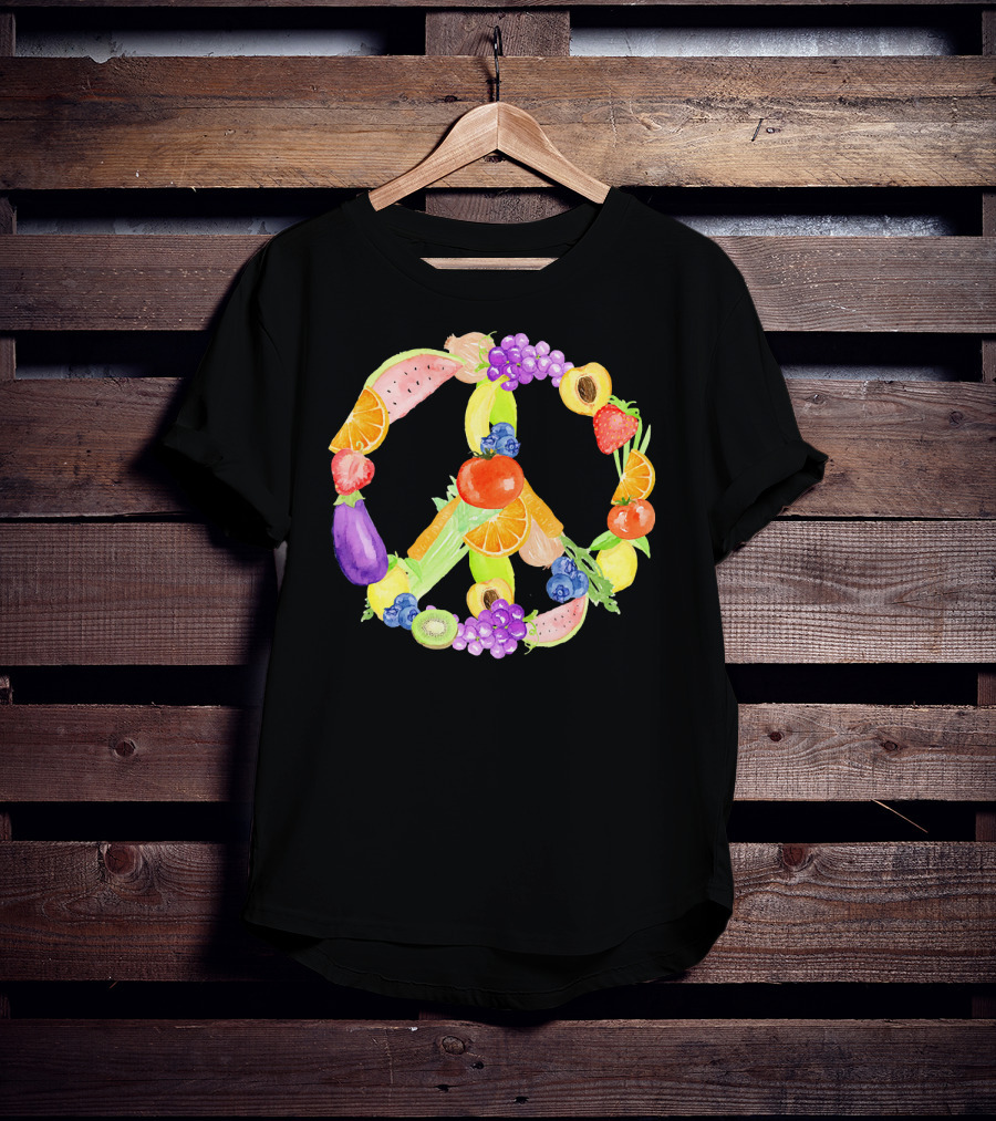 Vegan Fruits Vegetables Peace Sign Watermelon Orange Strawberry Eggplant Banana Kiwi T-Shirt