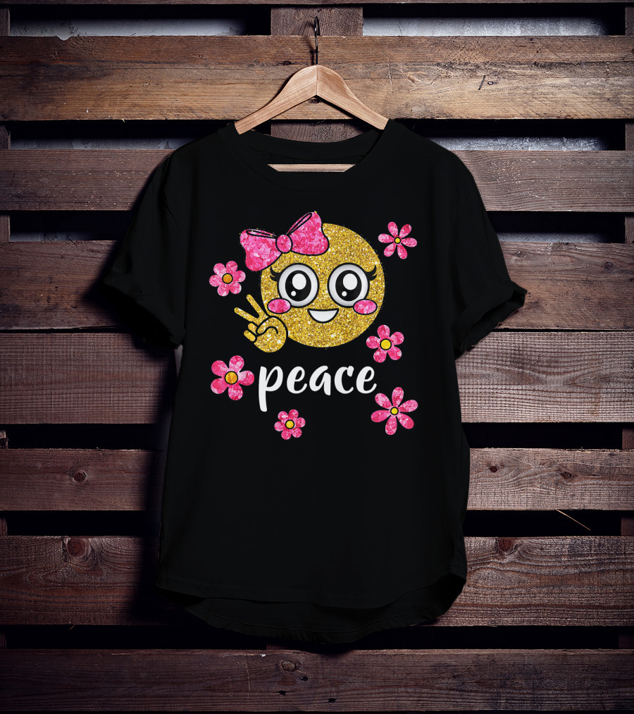 Cute Kawaii Emoji Glitter Peace Sign With Pink Flowers T-Shirt